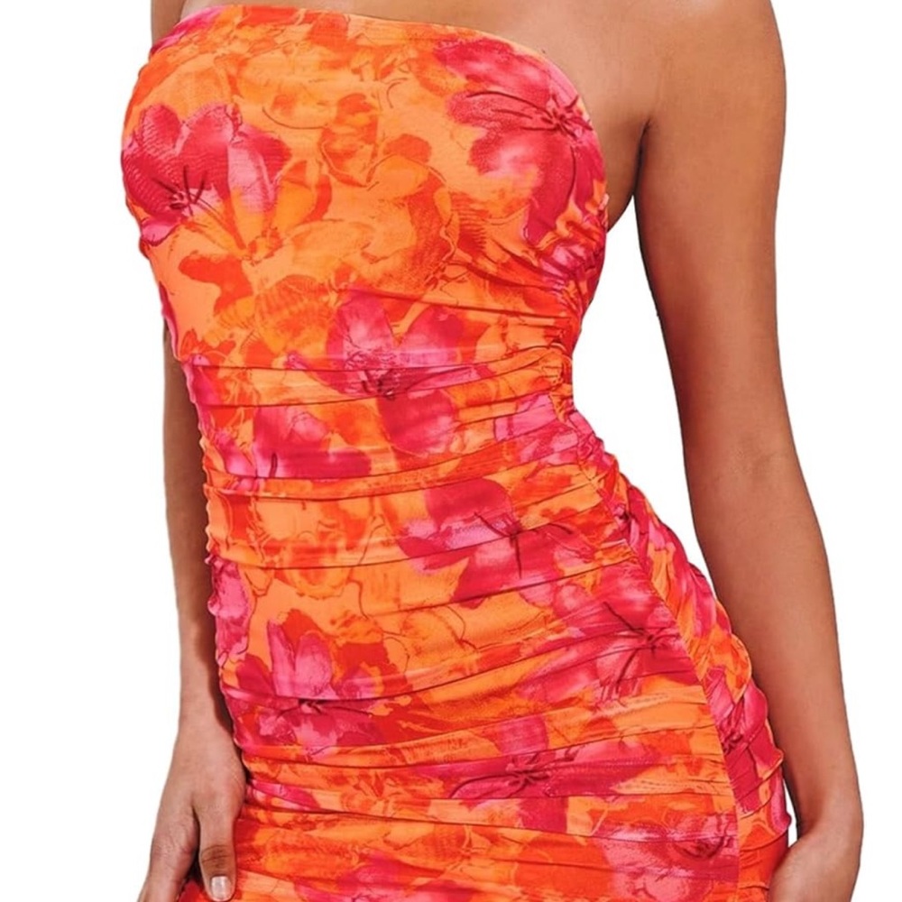 Amazon Pink and Orange Strapless Bodycon Mini Dress